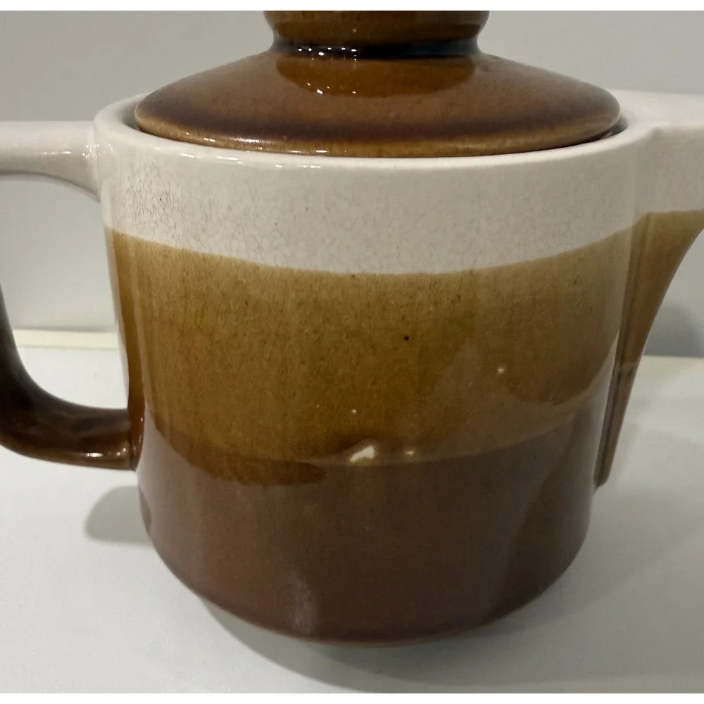 Vintage Pottery Tea Pot Creamer Tan Brown Specked Glaze with Lid Made in Japan